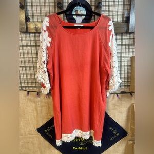 Umgee Coral Midi Dress with White Crochet Sleeves
